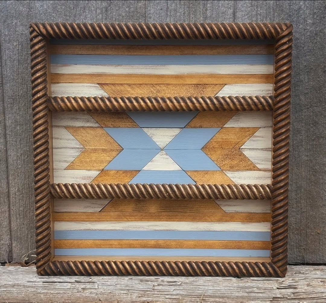 custom handcrafted buckle display case bold blue geometric Aztec design detailed rope rails Western decor