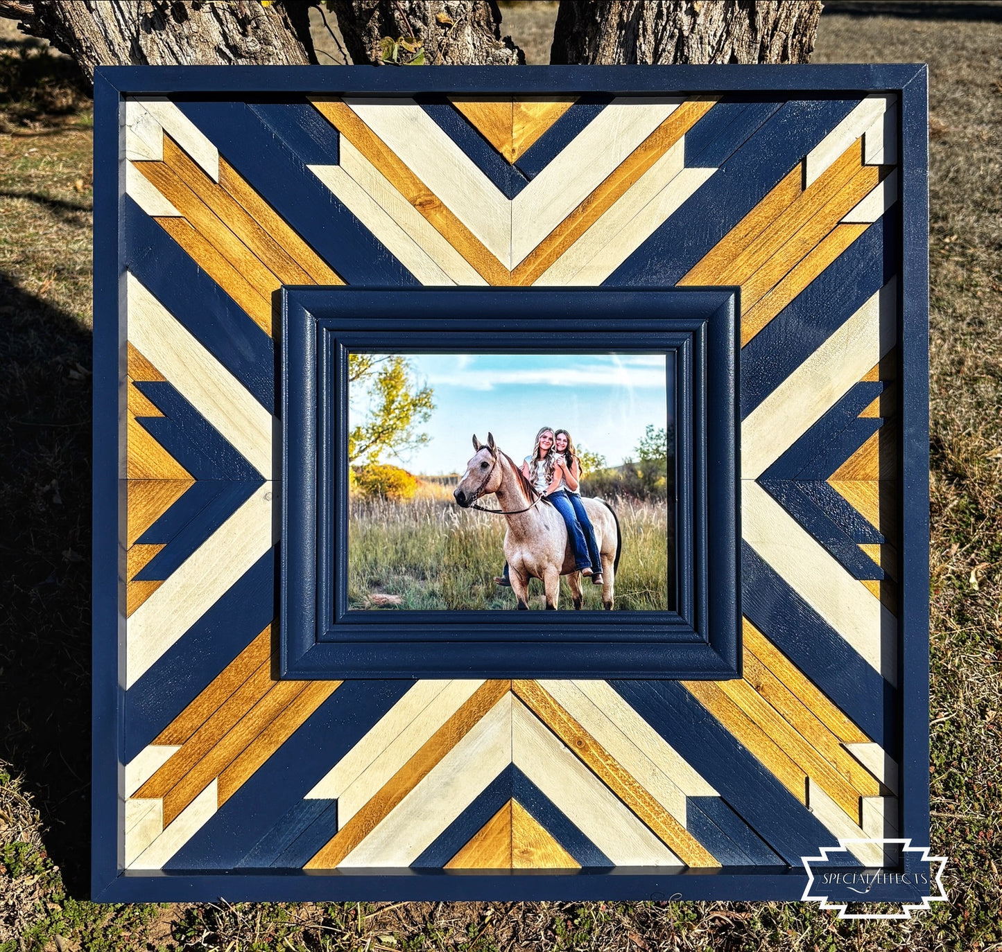 custom wood frame with Southwestern design holding 8x10 photo