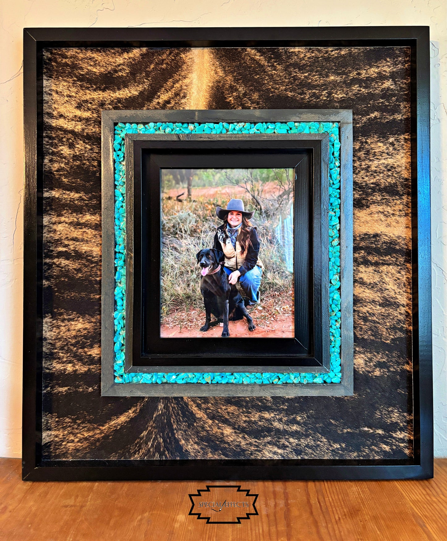 personalized wood photo frame Western style turquoise and cowhide