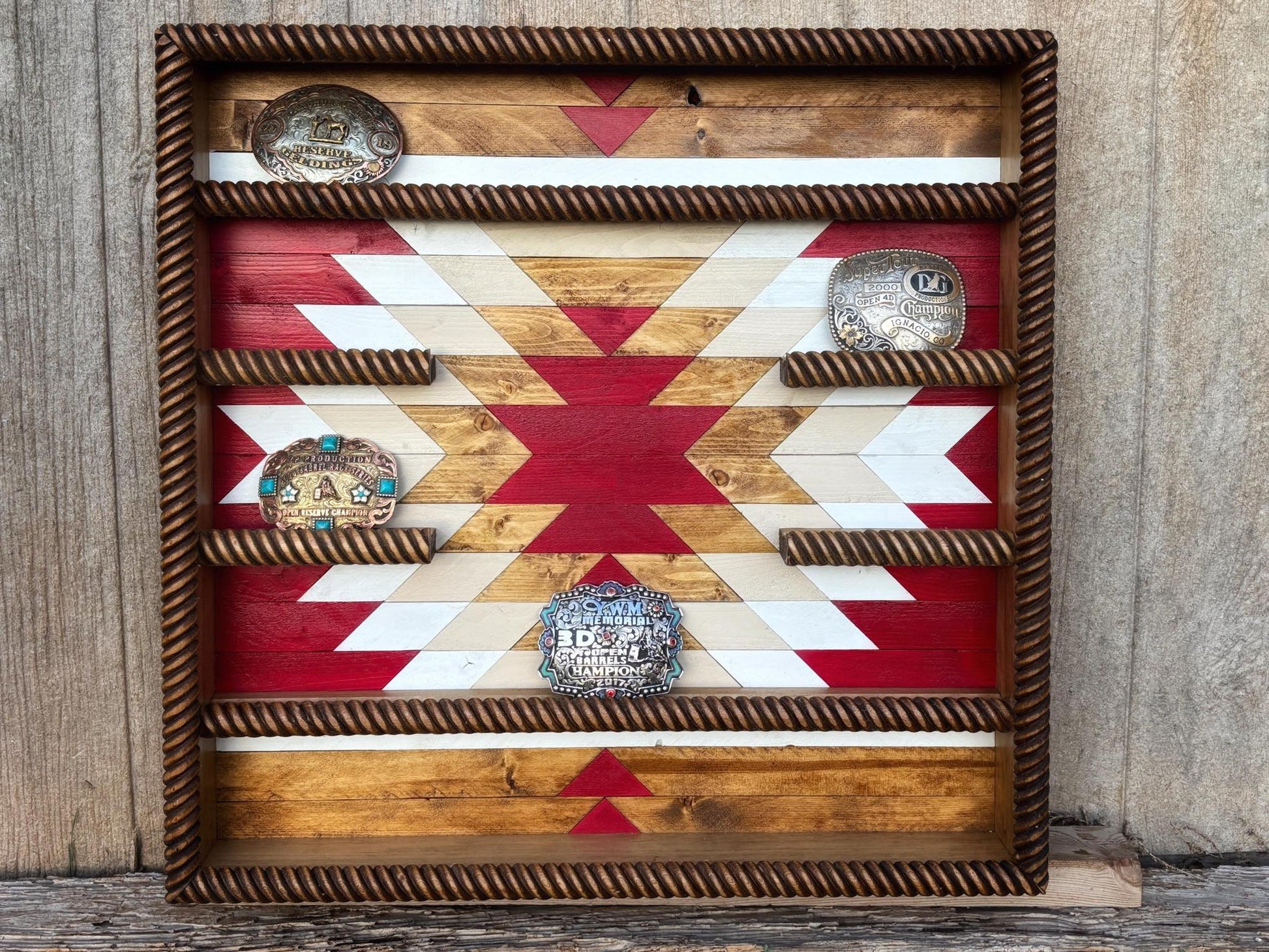 custom Western buckle display case geometric design rope boarder and rails