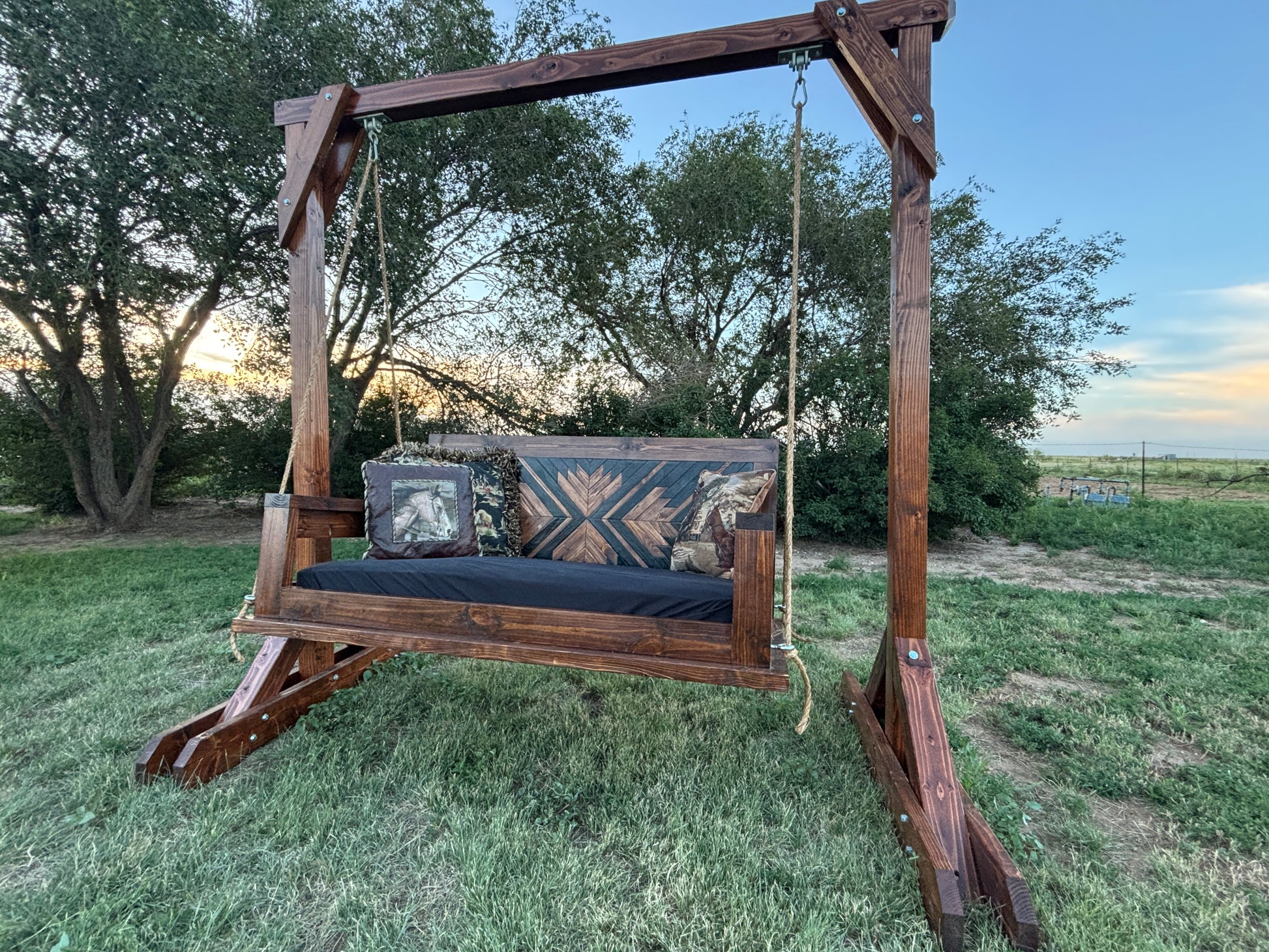 custom wood porch swing with freestanding hardwood stand rope hang dark stain made to order outdoor furniture