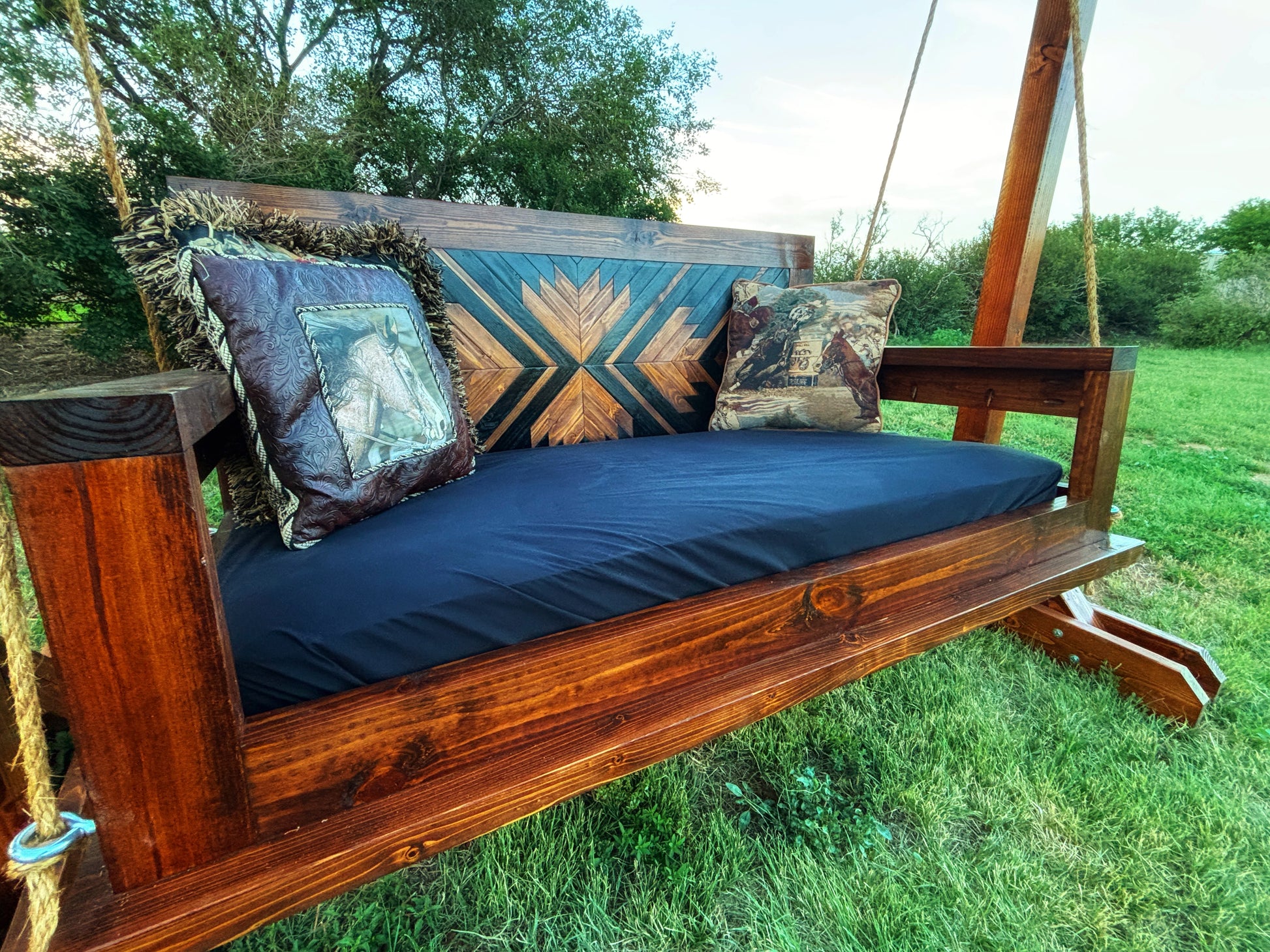handcrafted porch swing solid wood frame geometric backrest dark stain thick cushion custom made to order
