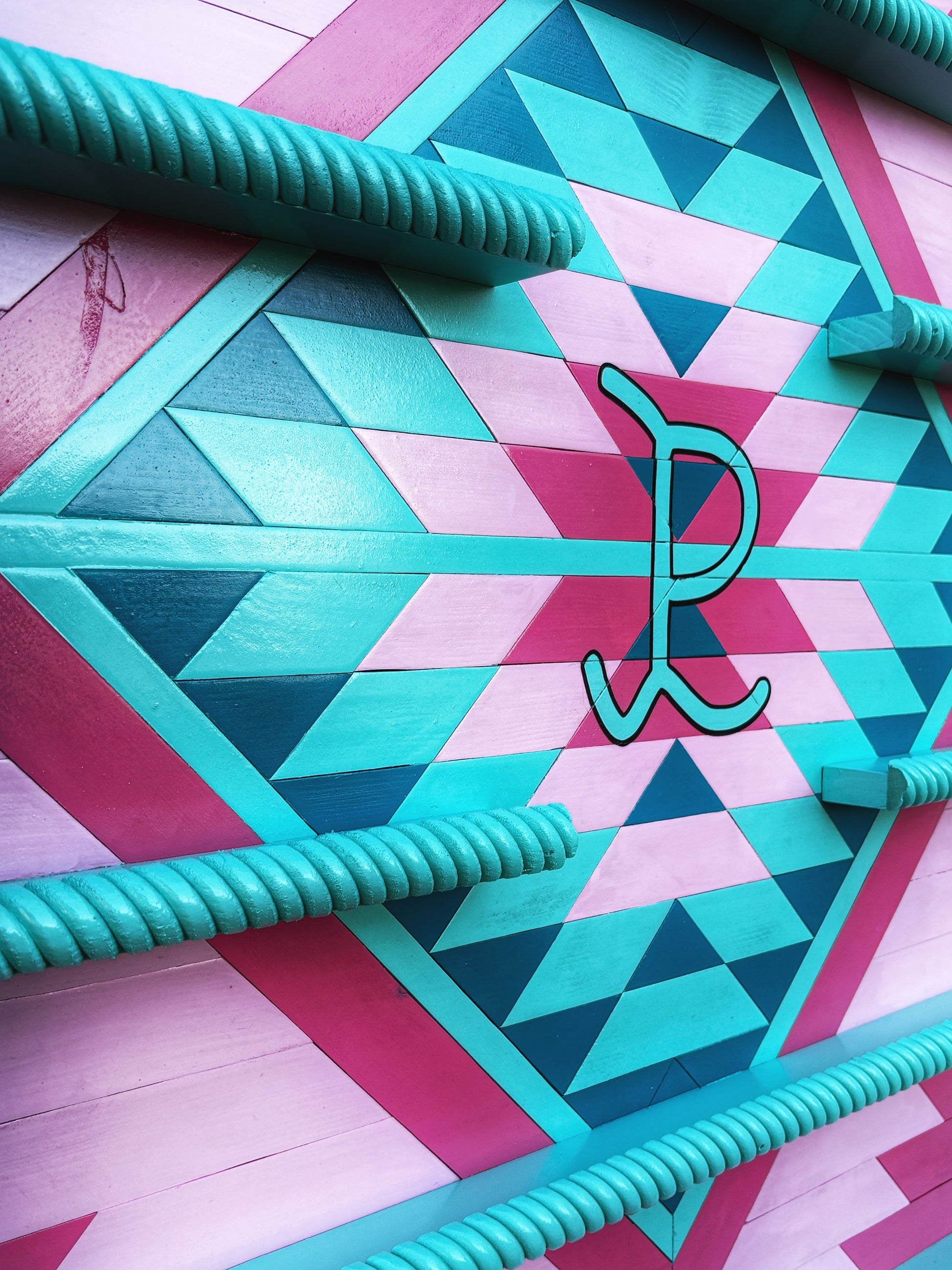 personalized wood buckle case teal and pink bold geometric design custom name rope rail display