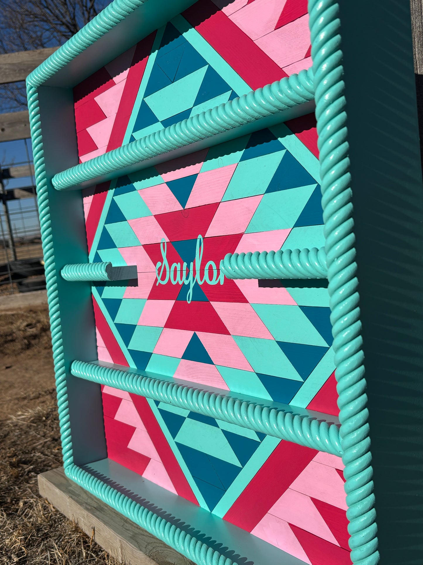 personalized wood buckle case teal and pink bold geometric design custom name rope frame and rails detail