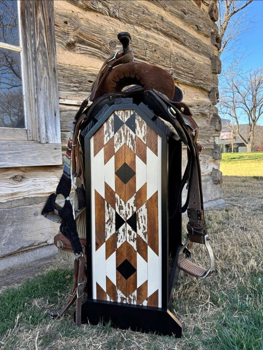 custom handcrafted Western wood saddle rack bold geometric side panel dark stain holding full Western saddle