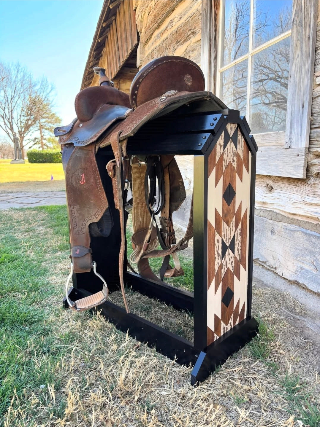 handcrafted wood saddle rack solid arched frame geometric Aztec panel custom design tack room decor made to order