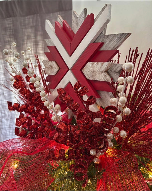 custom handcrafted wood Christmas tree topper geometric snowflake design red and white farmhouse holiday decor