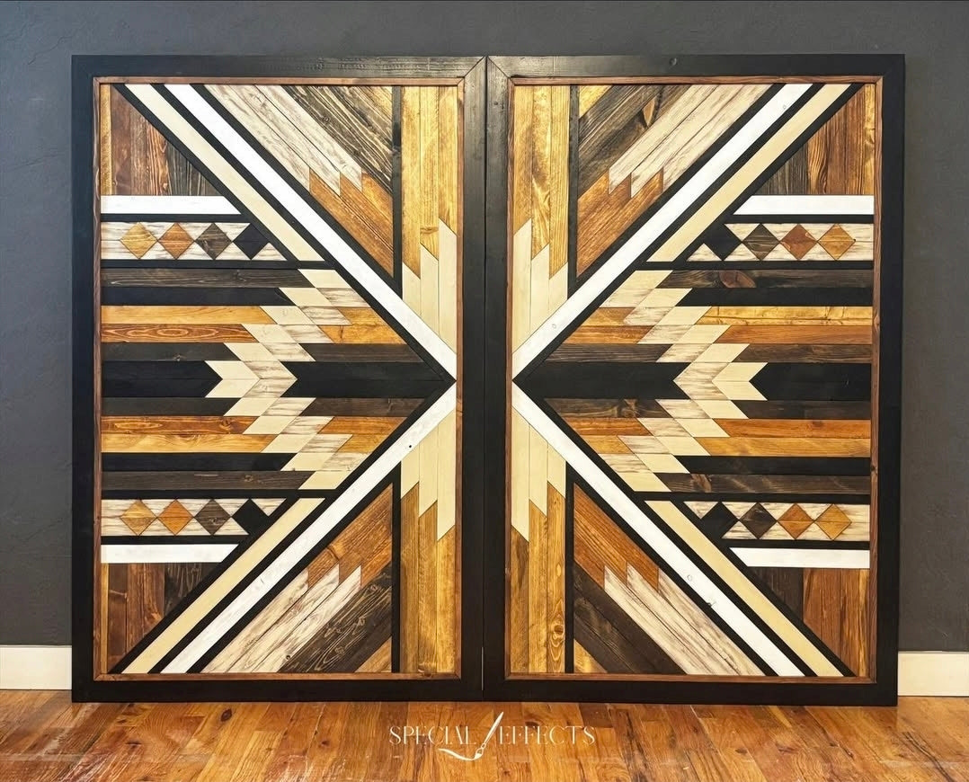 custom handcrafted double wood barn door set bold geometric Aztec pattern natural wood tones black frame