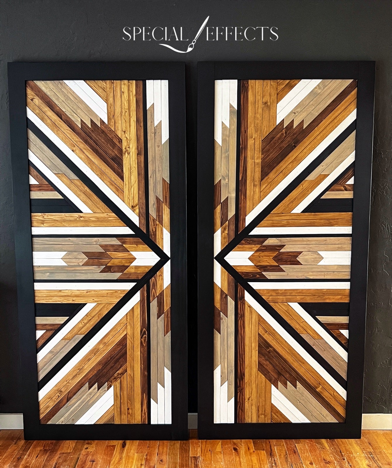 handmade double barn doors bold geometric wood art design natural tones and black custom made to order
