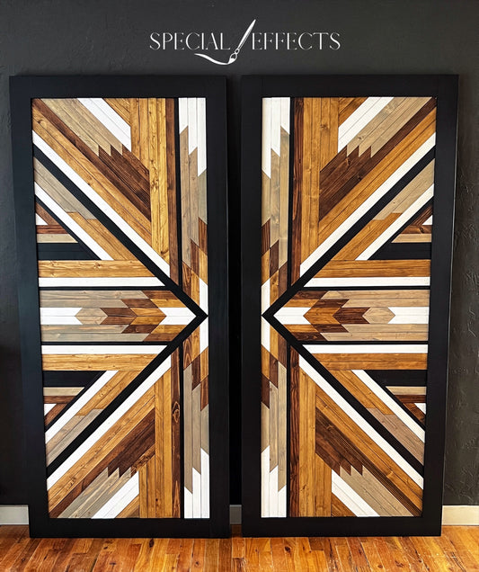 handmade double barn doors bold geometric wood art design natural tones and black custom made to order