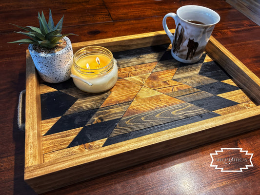 handmade square wood tray warm natural wood tones geometric pattern iron handles