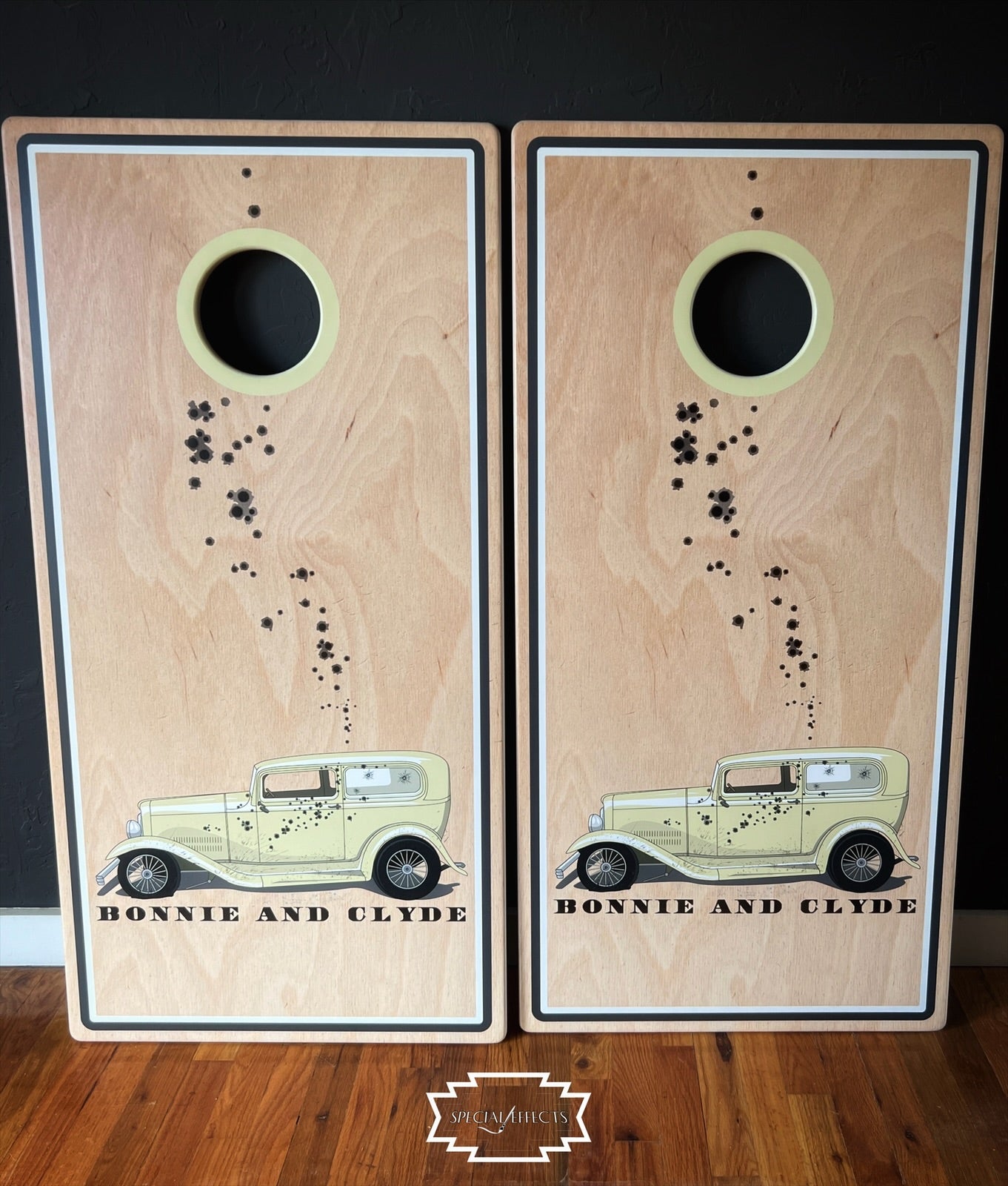 unique custom cornhole boards Bonnie and Clyde theme handcrafted natural wood