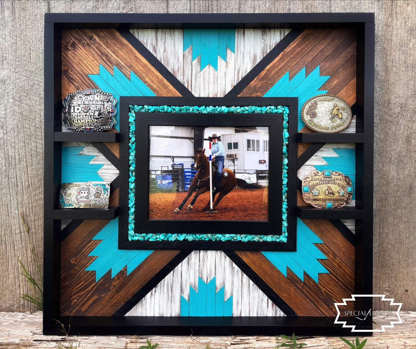 handmade wood rodeo buckle case with photo opening real turquoise stones geometric Southwestern design