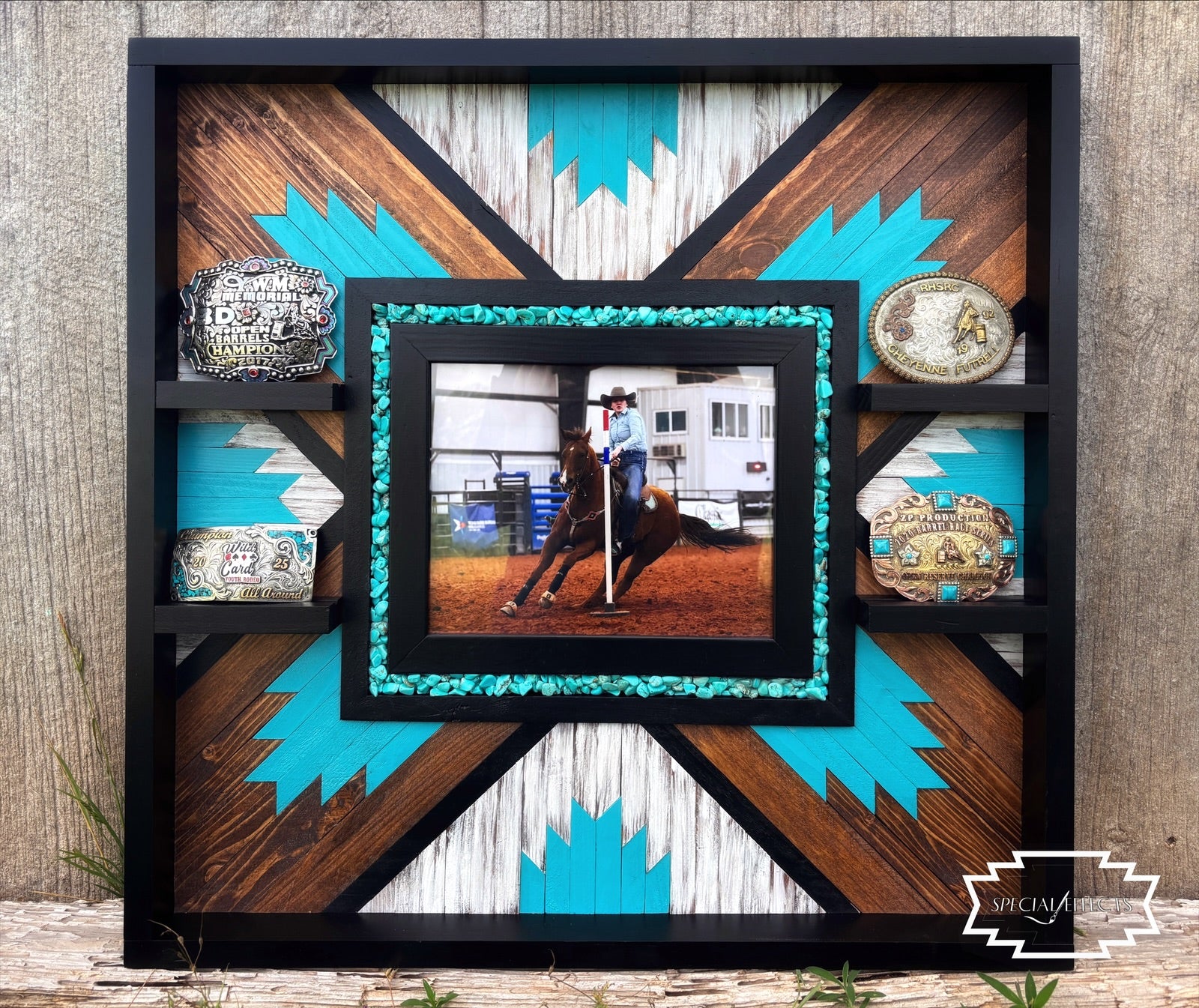 handmade wood rodeo buckle case with photo opening real turquoise stones geometric Southwestern design