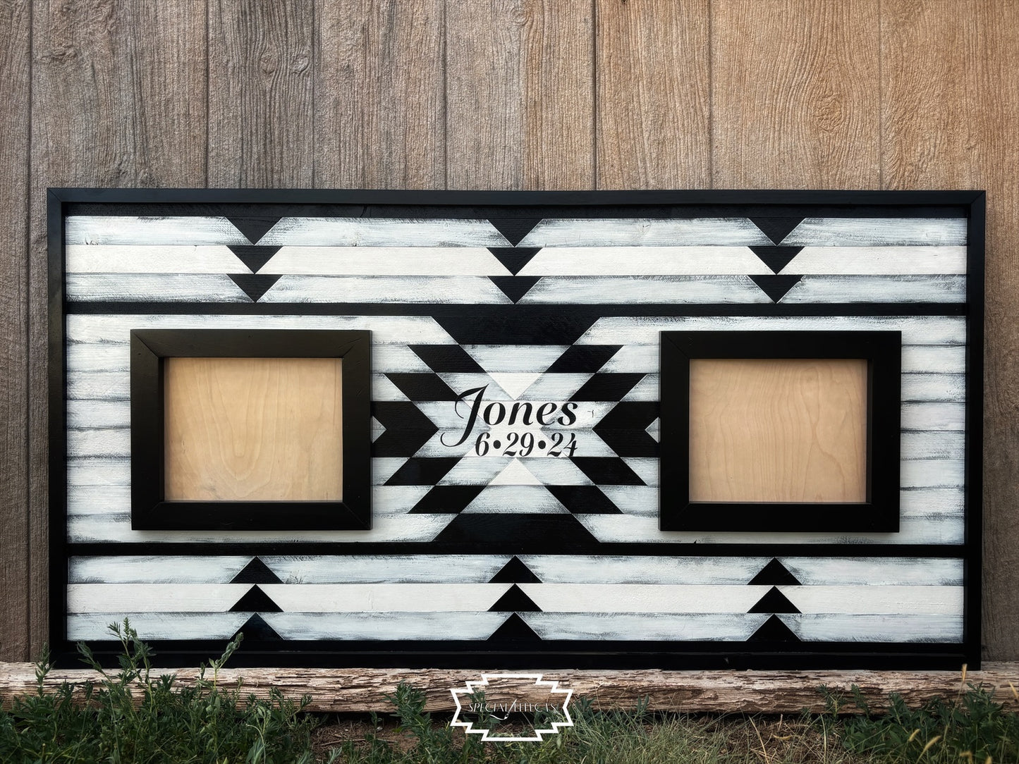 custom double wood wedding frame with Southwestern geometric pattern and personalized name and date
