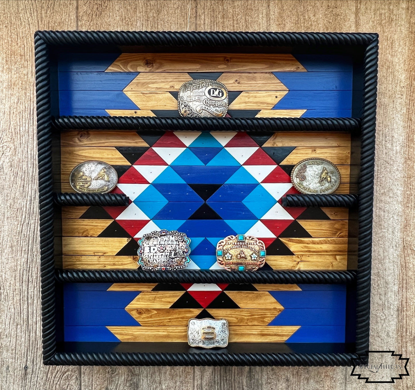custom wood buckle display case ranch brand initials painted center geometric design rope design rails