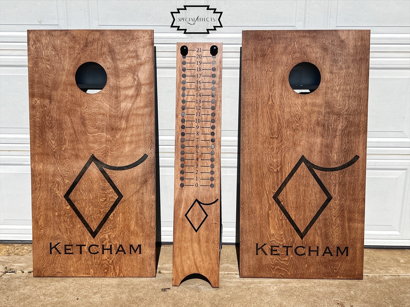 handcrafted cornhole set with personalized wooden scoreboard custom name and brand design