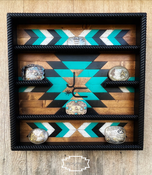 personalized rodeo buckle display case with ranch brand and initials painted geometric Southwestern