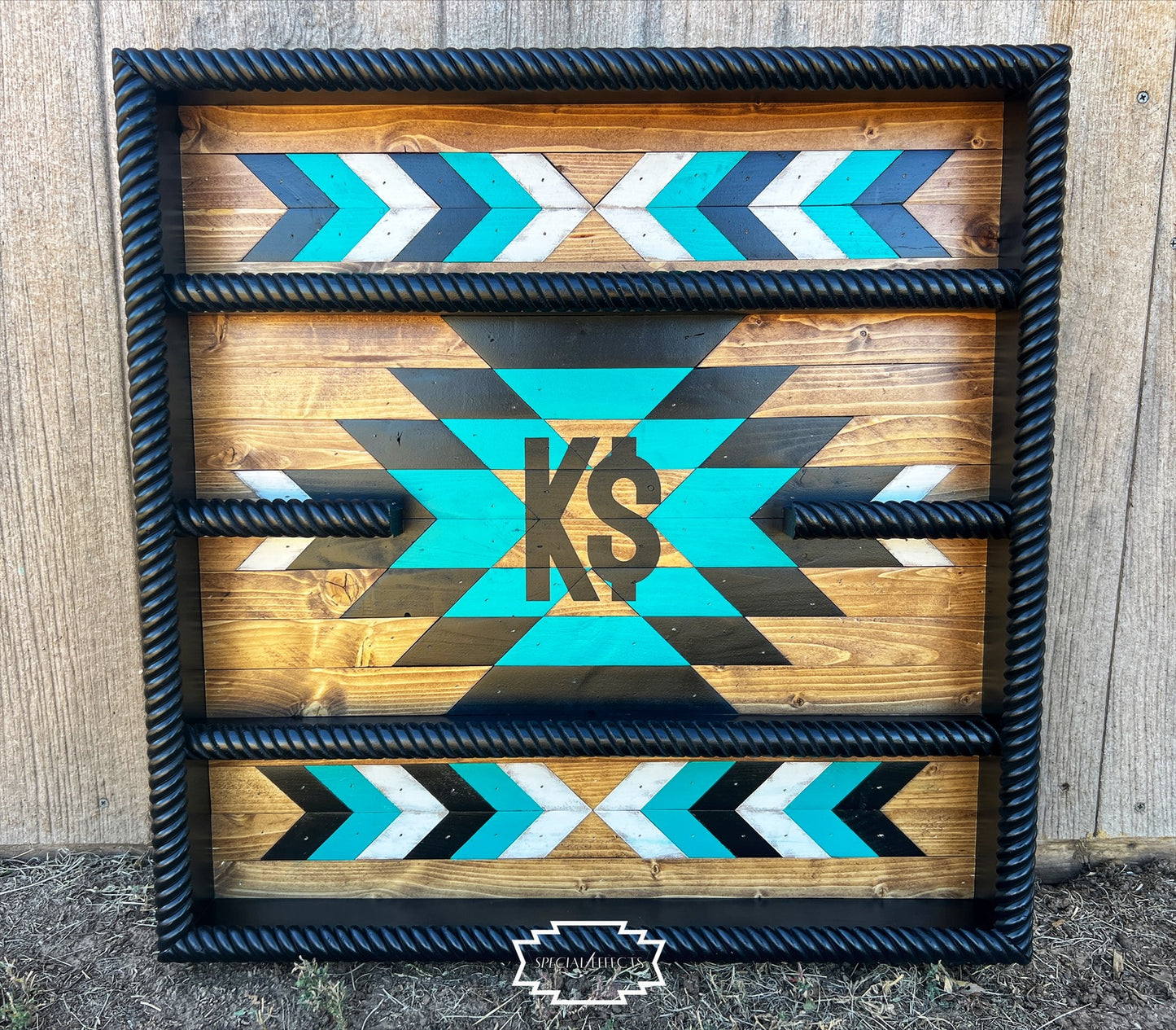 handcrafted buckle display case personalized name painted center geometric design rope rails