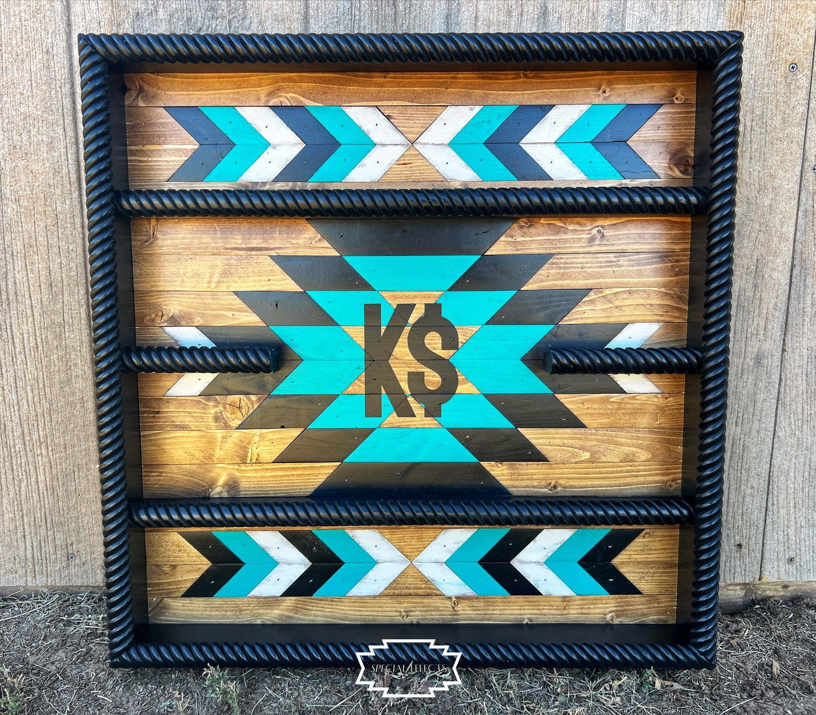 handcrafted buckle display case personalized name painted center geometric design rope rails