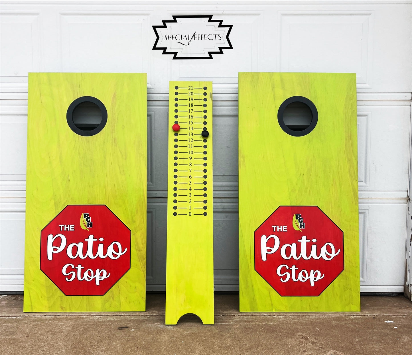 bright custom cornhole boards yellow green with business logo and matching scoreboard