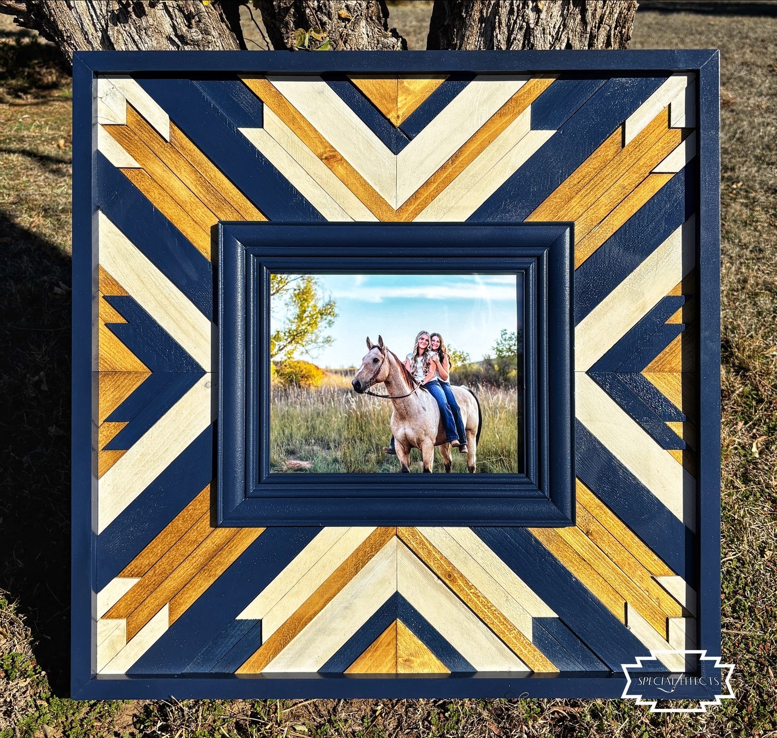 custom wood frame with Southwestern design holding 8x10 photo