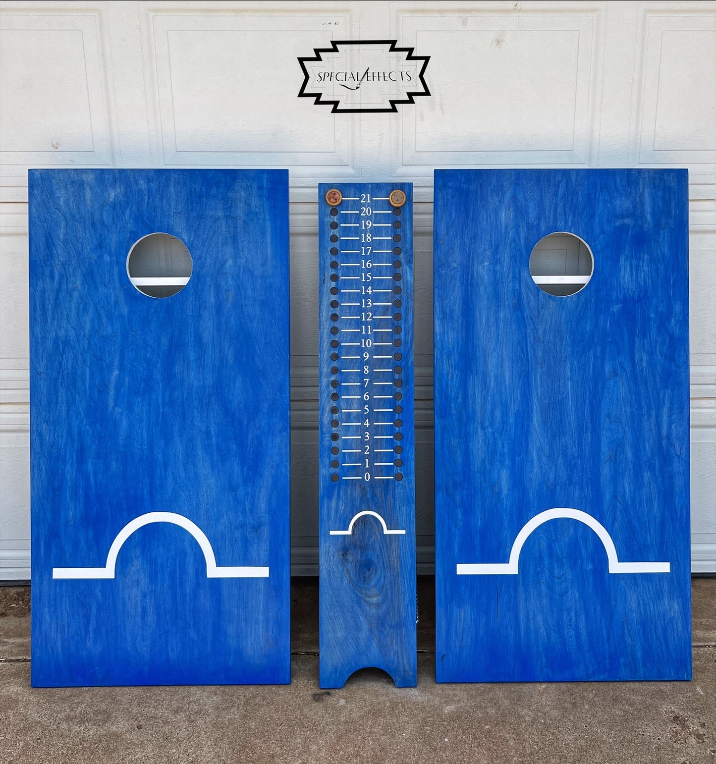 custom painted cornhole boards bold blue with white logo personalized handcrafted wood set