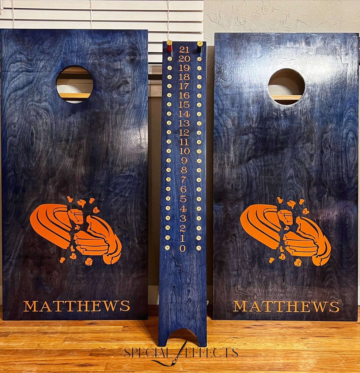 personalized cornhole boards navy and orange with custom logo and family name handmade