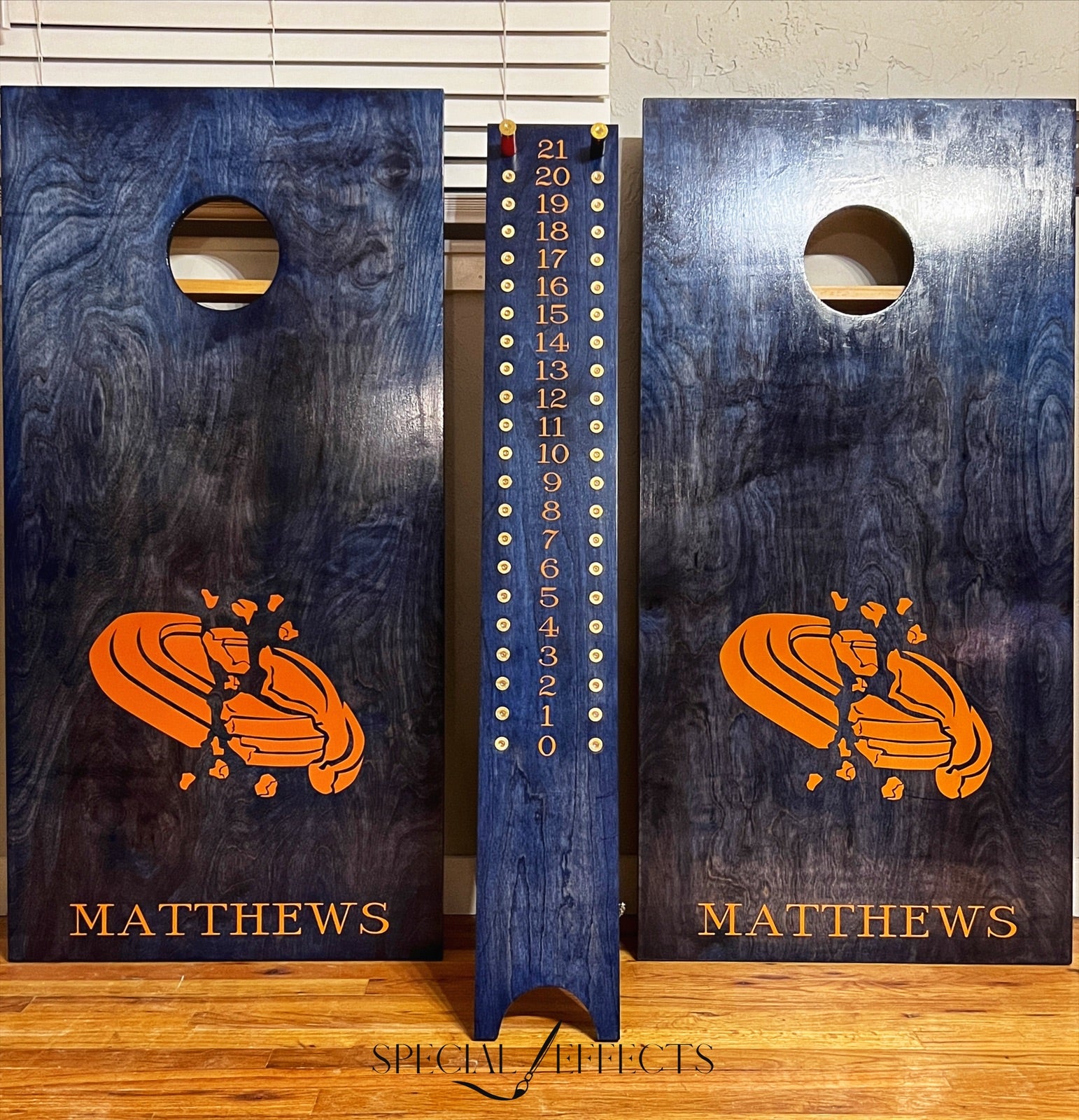 personalized cornhole boards navy and orange with custom logo and family name handmade