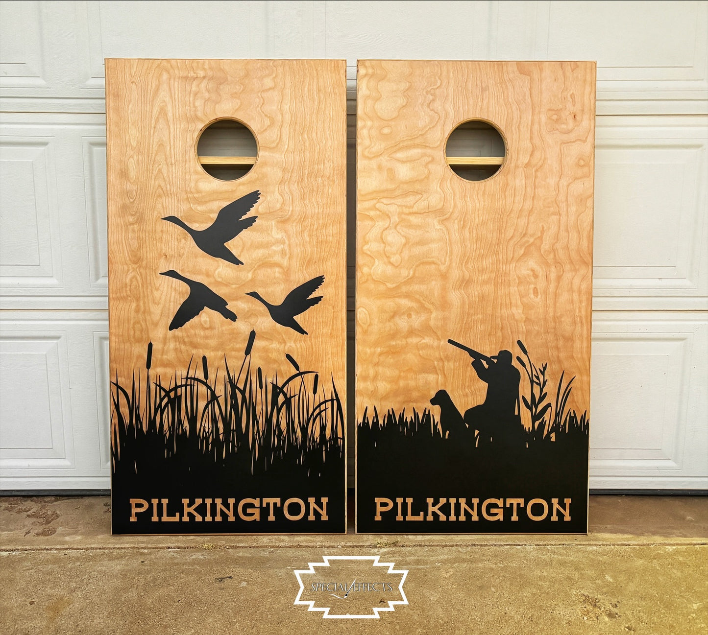personalized wood cornhole boards with custom hunting artwork and family name made to order